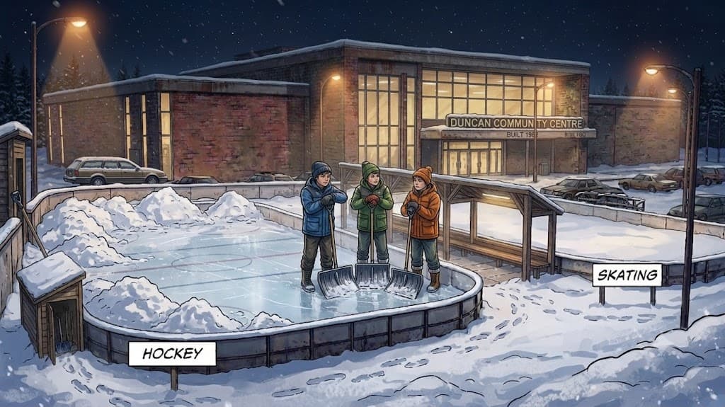 Snow piles up on the rink's edge